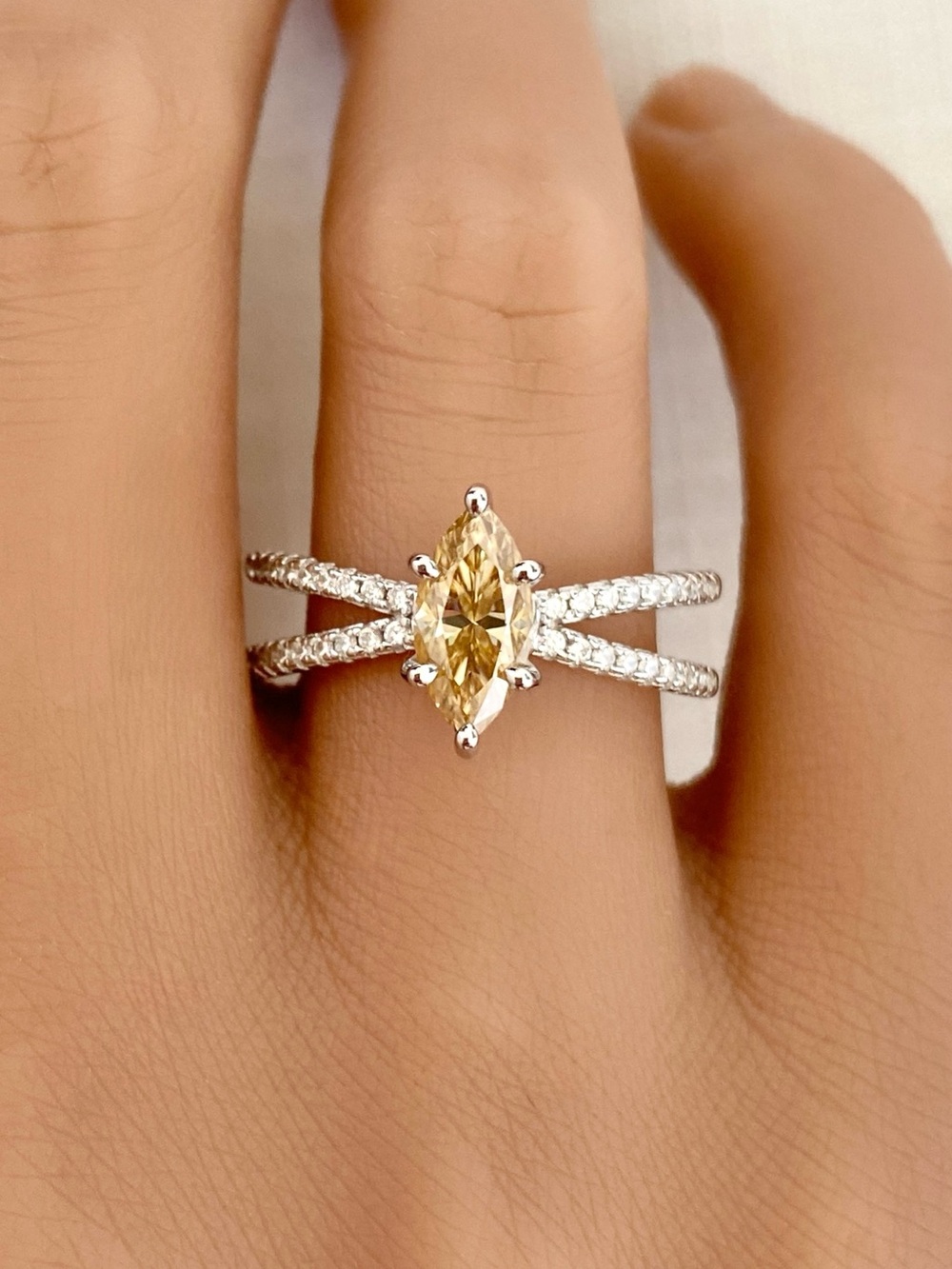 Marquise Champagne Moissanite Diamond Sterling Silver Split Shank Cross Ring